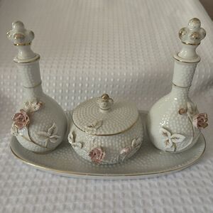 Perfume Bottles Pink Rose Textured 5pc Vanity Set w/Under Plate & Stoppers Japan